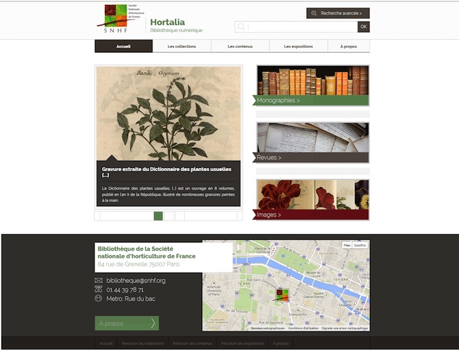 Page d'accueil d'Hortalia, la bibliothèque numérique de la SNHF.